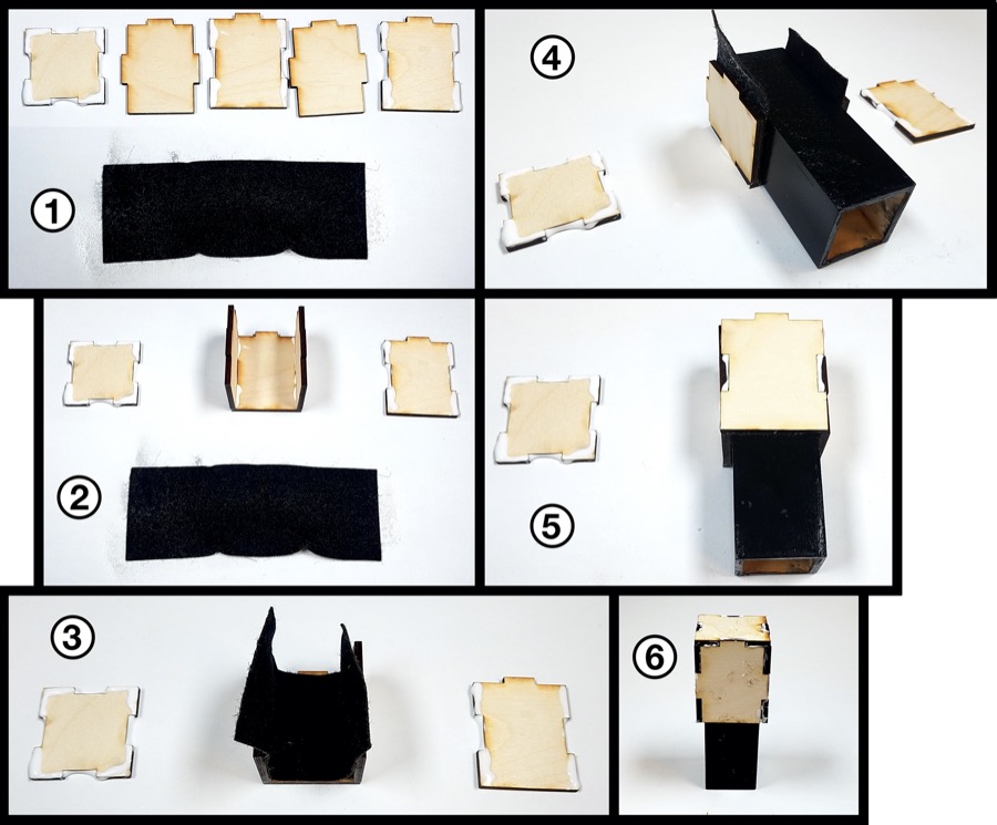 Composite image showing the six steps for assembling the tuning slide directly onto the resonator